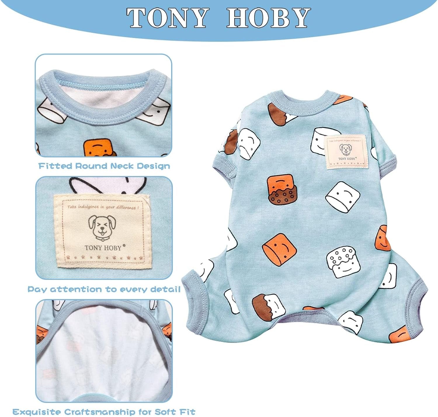 Dog Pajamas, Soft Breathable Dog Jumpsuit with Cute Smile Cupcake, 4 Legged Dogs Shirt for Small Medium Dogs (Blue, Cupcake, XS)