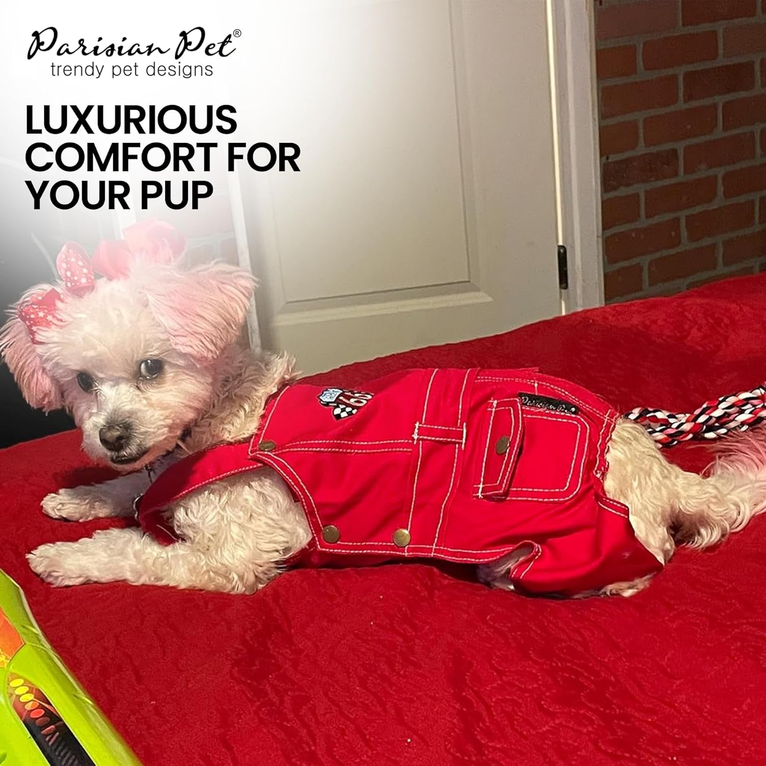 Denim Overall - Embroidered “ Route 66 “ Red Dog Jumpsuit - Breathable Dog Costume - Machine Washable Dog Outfit - Dog Overalls for Small Dogs - S