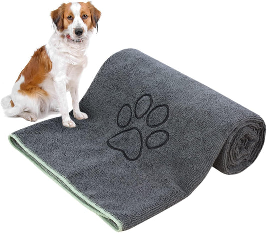Dog Towel Super Absorbent Microfiber Dog Drying Towel Soft Pet Bath Towel for All Dogs and Cats with Embroidered Paw Print 30Inch X 50Inch Gray