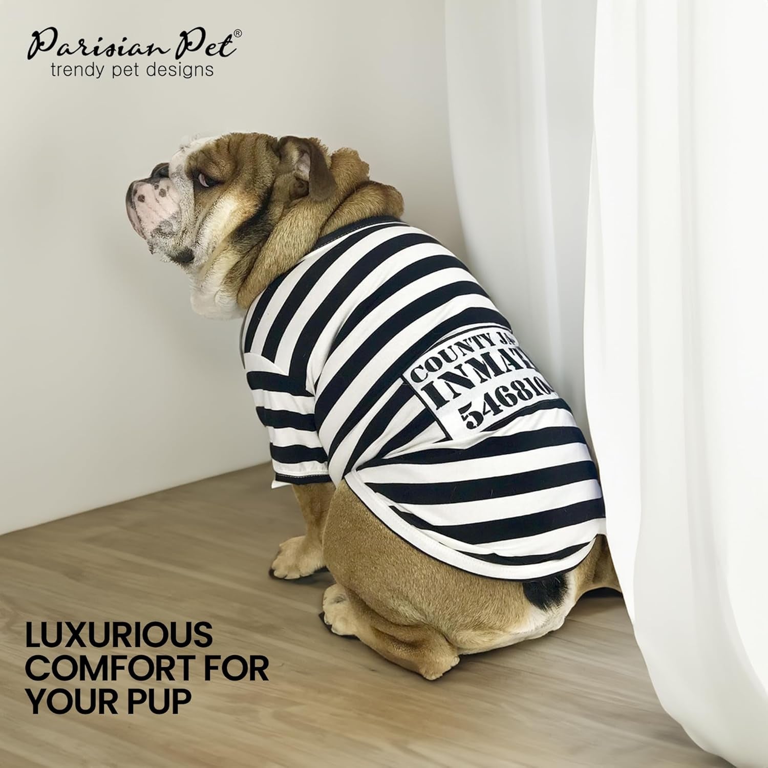 - Medium Dog Shirt - Black & White Striped - Cotton & Polyester - Sleeved & Lightweight - Prisoner Dog Theme