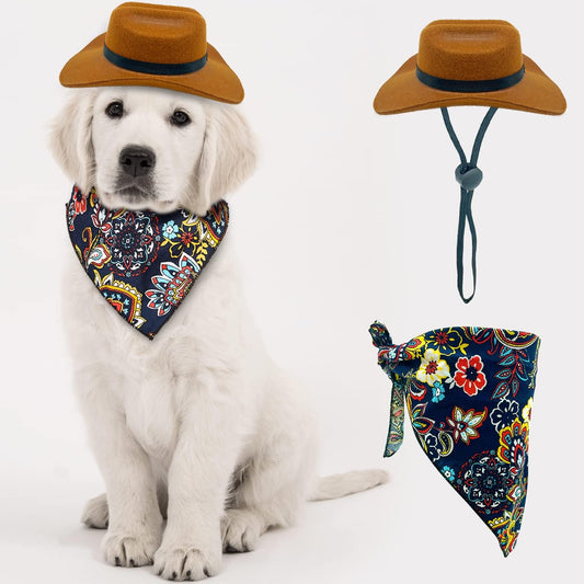 2 Pack Funny Pet Costume Accessories Set, Cat Small Dog Cowboy Hat with Adjustable Elastic Chin Strap and Bandana for Birthday Christmas Halloween Holiday Party Cosplay Daily Wearing