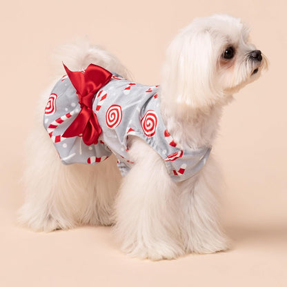 Christmas Candy Canes Dog Dress, Cute Dog Christmas Outfit, Doggy Clothes for Small Dogs Girl, Pet Apparel, Silver, Red, White, Large
