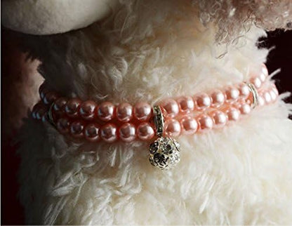 Luxury 2 Row Pearls Rhinestones Pet Cat Dog Necklace Collar Jewelry with Bling Crystal Ball Charm for Pets Cats Small Dogs Female Puppy Chihuahua Yorkie Girls (Pink, 8 to 10-Inch)