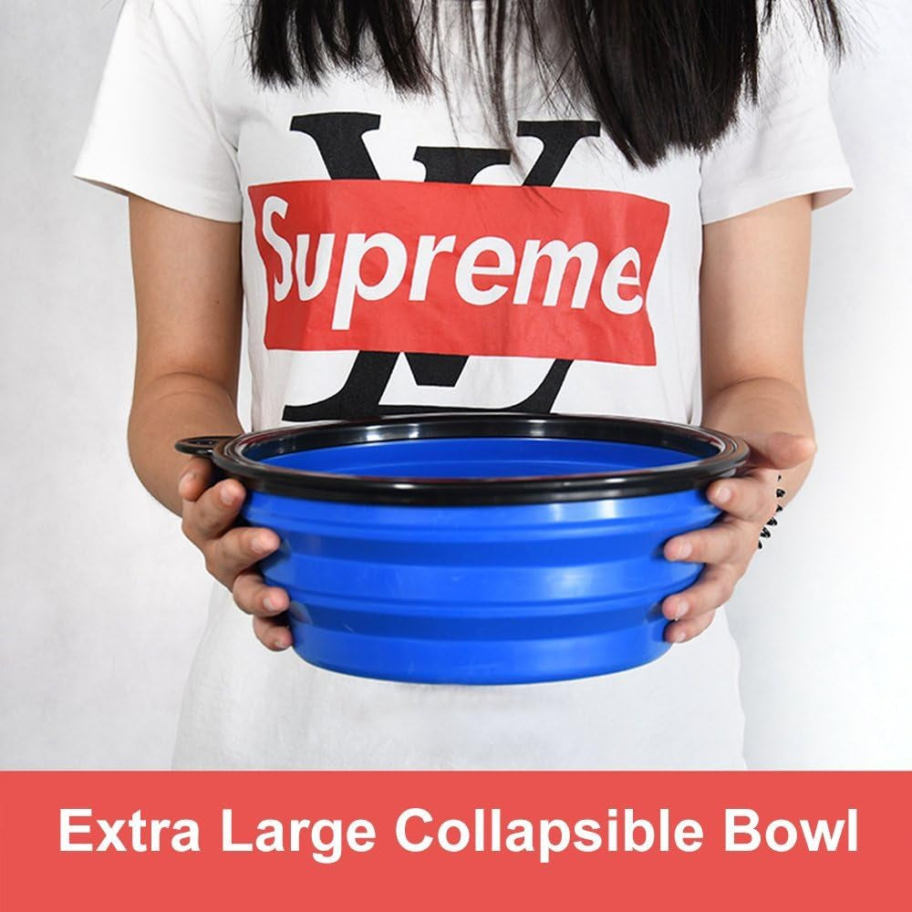 Extra Large Collapsible Dog Bowl, 3L XL Travel Dog Bowl, Foldable Travel Water Dish, 102Oz X-Large Portable Collapsable Traveling Bowls with Carabiner for Dogs Walking, Hiking (Blue)