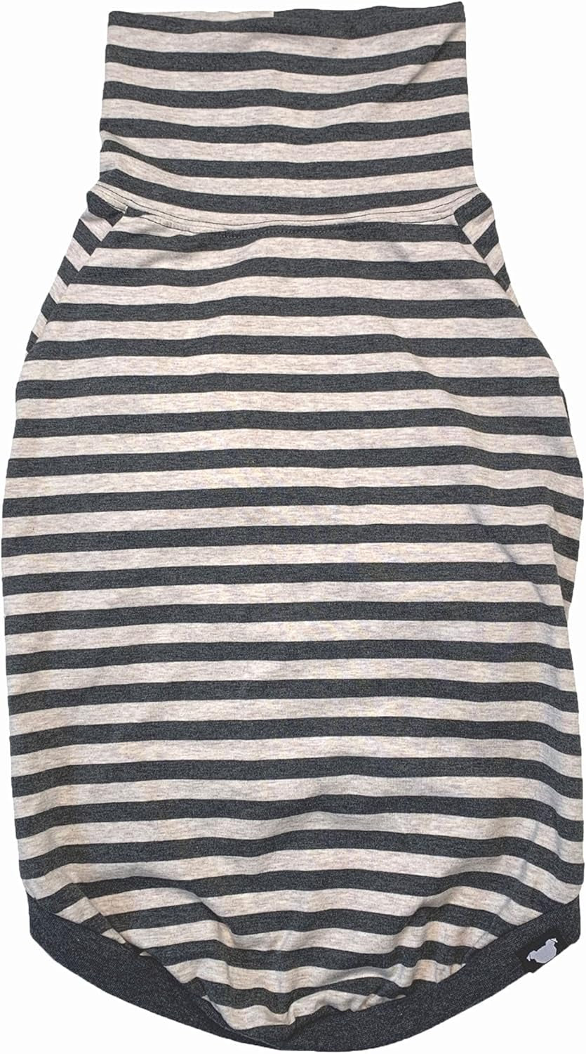 Large Dog Pullover – Breathable Cotton & Spandex with Full Underbelly Coverage – White & Gray Striped Shirt for Allergy & Summer Protection (XXL)