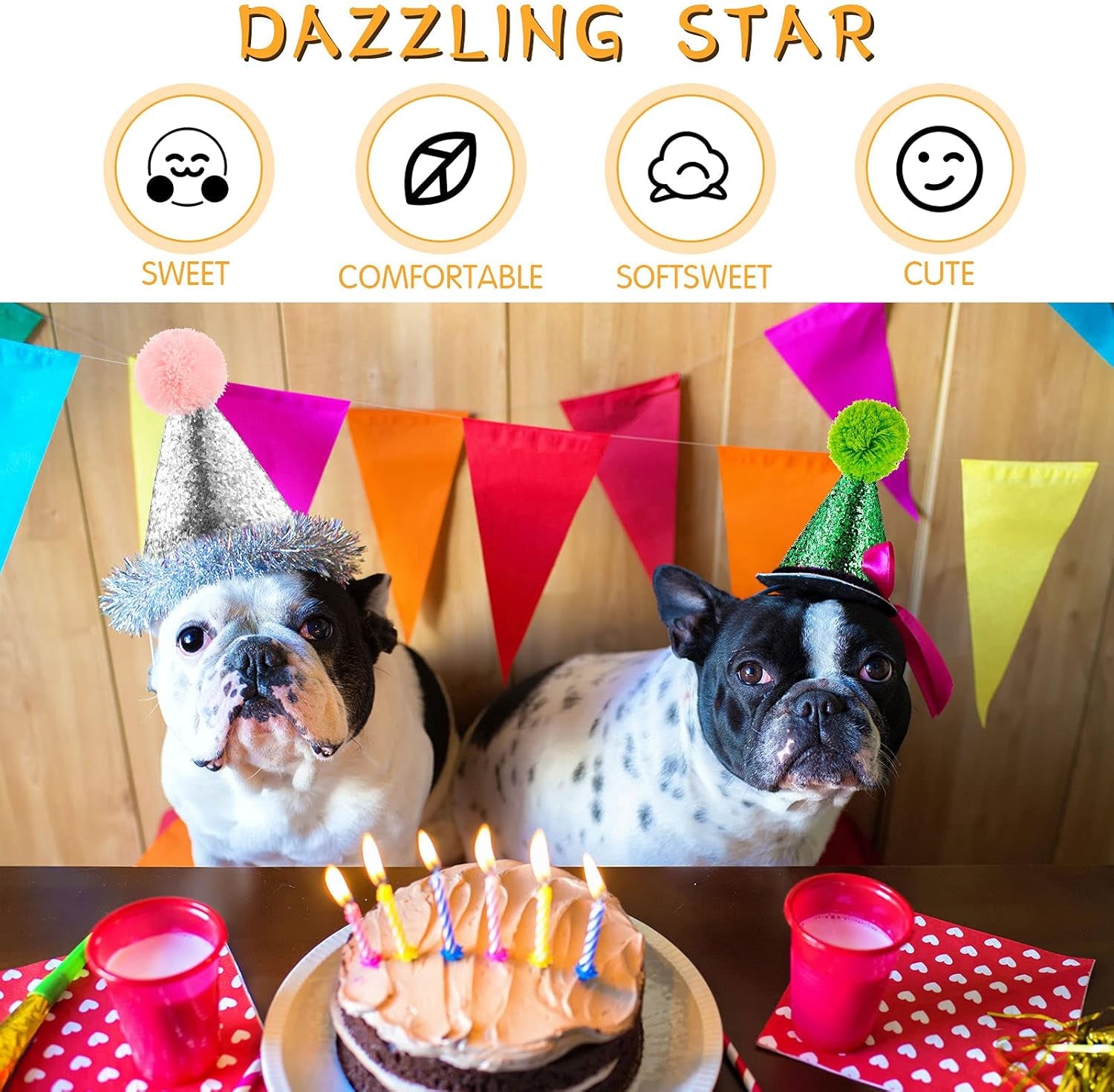 4 Pieces Dog Birthday Hat for Pets Christmas Party Decoration Accessories Pet Headband Hats Charms Grooming Accessories (Gold, Silver, Blue, Green)