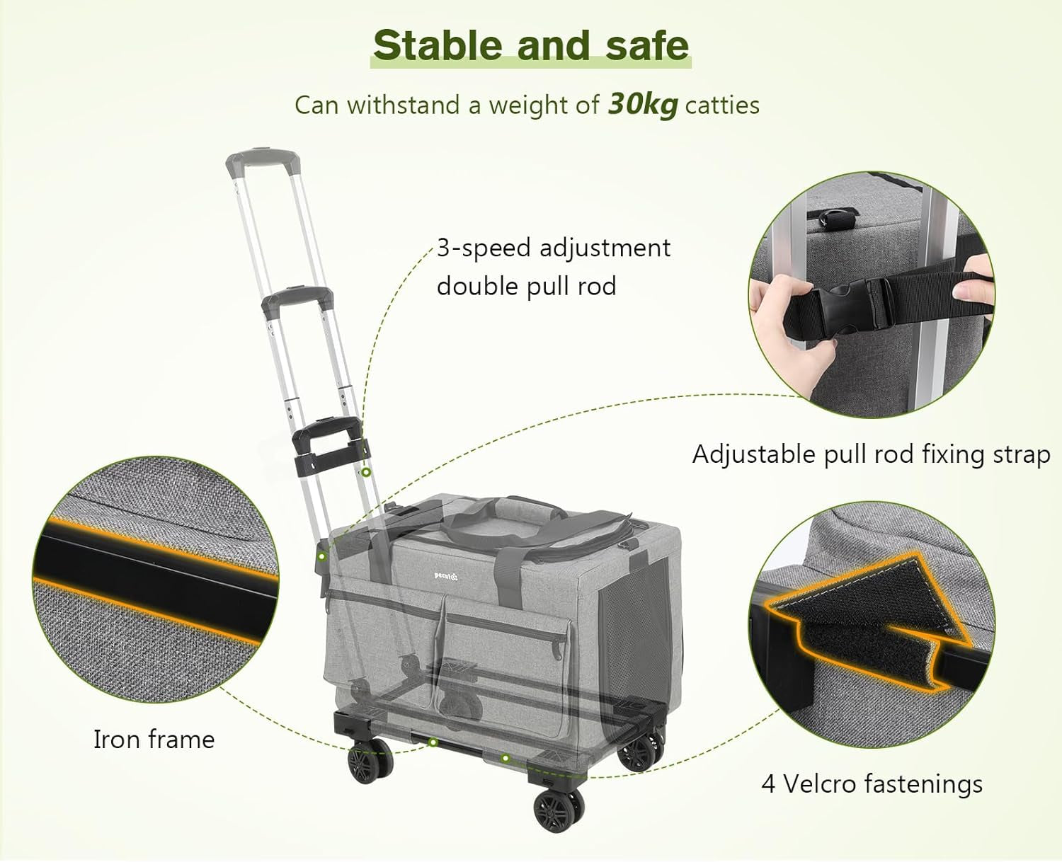Cat Carrier with Wheels,Steel Wire Frame Cat Carrier, Stable Pet Trolley Bag for Cats, Pet Handbag and Stroller, Portable Cat Carrier Bag for Car Travel Bus Subway, Grey
