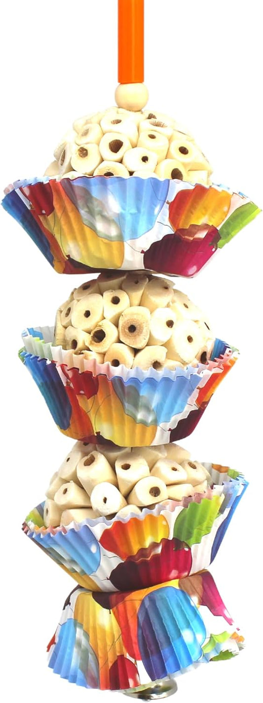 1931 Three Cake, 11.75" Hanging Bird Toy with Sola Balls, Cupcake Cups, Wooden Beads, Bell, and Straw, Chewable and Shreddable, Safe for Parrots, and Small Birds