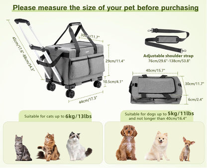 Cat Carrier with Wheels,Steel Wire Frame Cat Carrier, Stable Pet Trolley Bag for Cats, Pet Handbag and Stroller, Portable Cat Carrier Bag for Car Travel Bus Subway, Grey