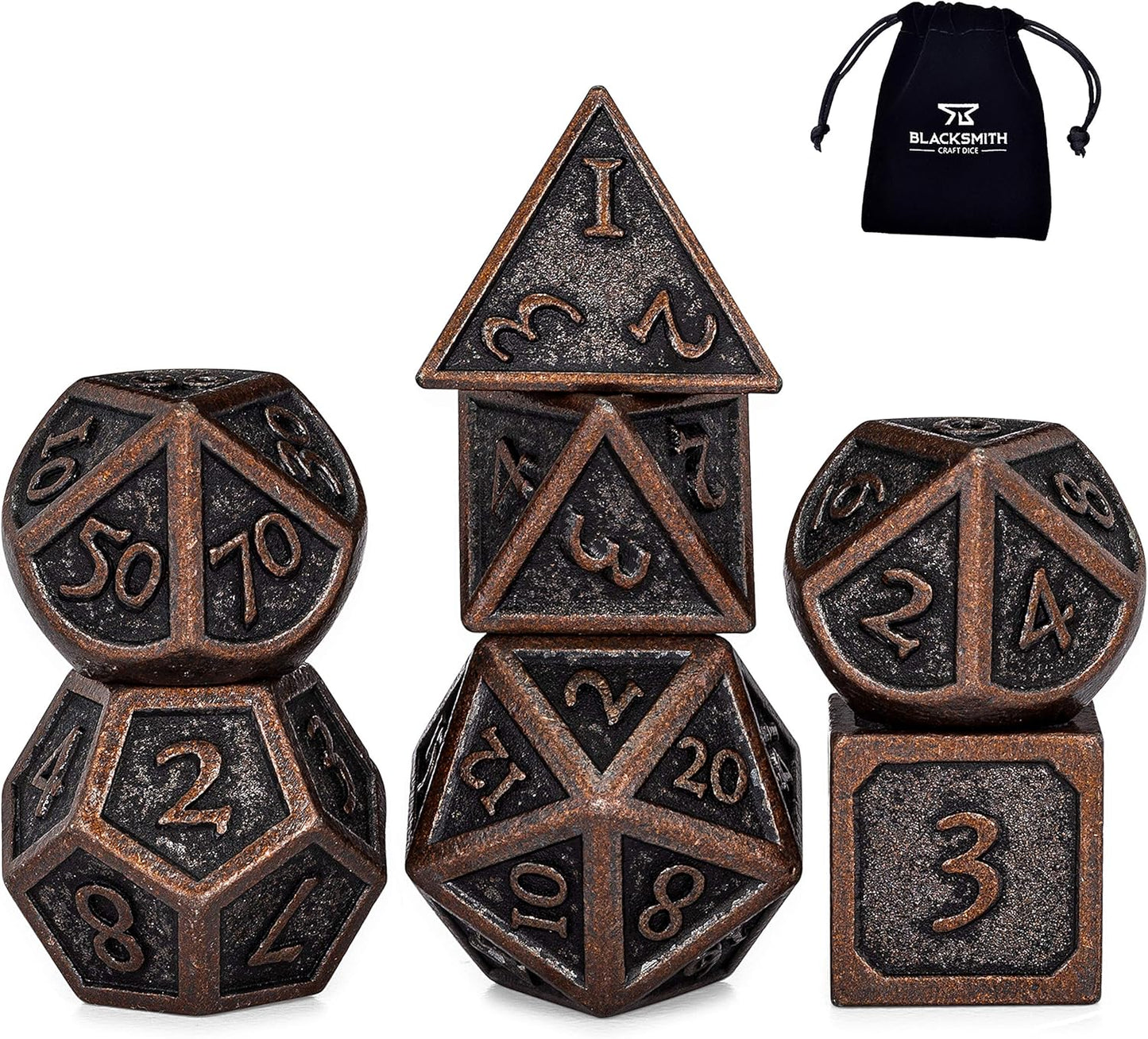 Metal DND Dice Set 7Pcs - Indestructible Metal Dice Set W/Dice Bag; D&D Dice Set D&D (Dungeons and Dragons Dice Set) W/ D20 Dice - Blacksmith Craft Dice (Weathered Bronze)