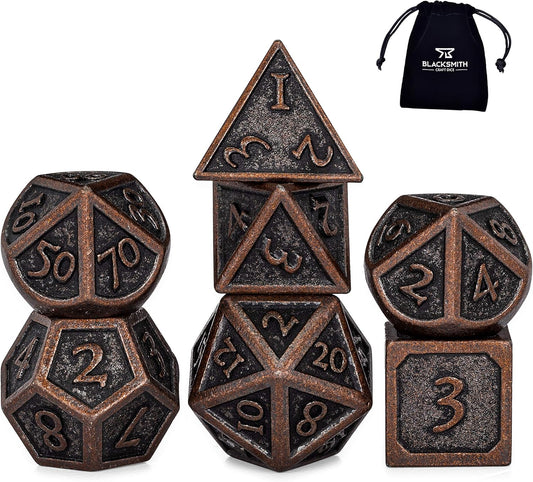 Metal DND Dice Set 7Pcs - Indestructible Metal Dice Set W/Dice Bag; D&D Dice Set D&D (Dungeons and Dragons Dice Set) W/ D20 Dice - Blacksmith Craft Dice (Weathered Bronze)
