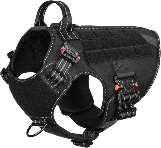 Tactical Dog Harness with 4X Metal Buckle,Working Dog MOLLE K9 Vest with Handle,No Pulling Front Clip,Adjustable Pet Harness for Meduim Dogs (M (25"-31" Chest), Black)