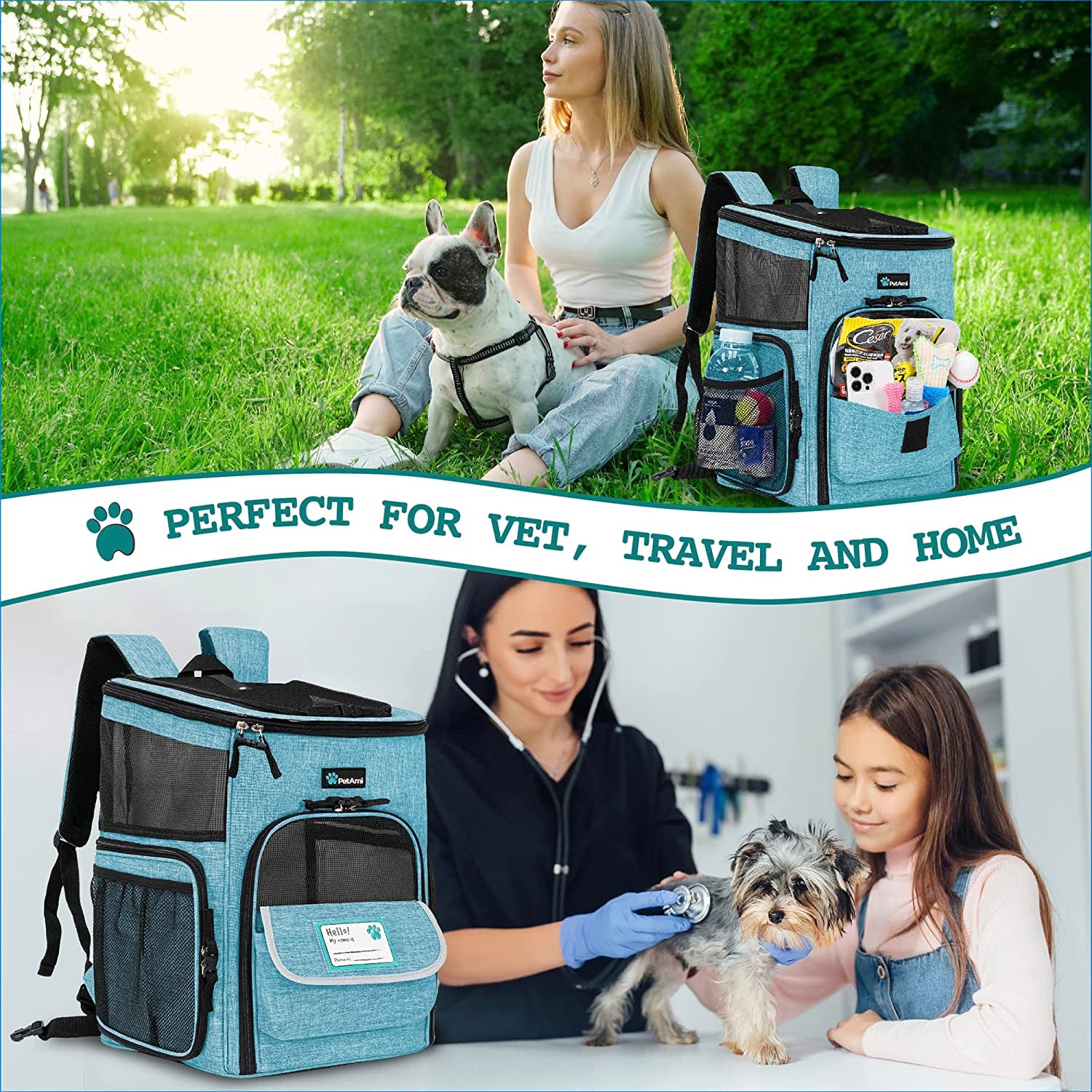 Dog Backpack Carrier, Airline Approved Cat Backpacks for Carrying Small Large Cats, Pet Carrier Back Pack, Ventilated Soft Sided for Travel, Hiking, Camping, Max 18 Lbs, Turquoise