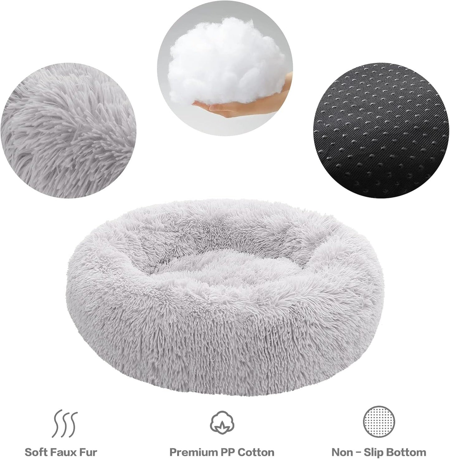 Calming Donut Dog Bed for Small to Medium Dogs & Cats - Plush Faux Fur Anti-Anxiety Pet Bed with Machine Washable Cover & Non-Slip Base