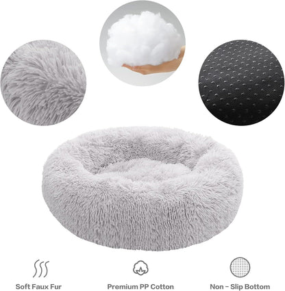 Calming Donut Dog Bed for Small to Medium Dogs & Cats - Plush Faux Fur Anti-Anxiety Pet Bed with Machine Washable Cover & Non-Slip Base