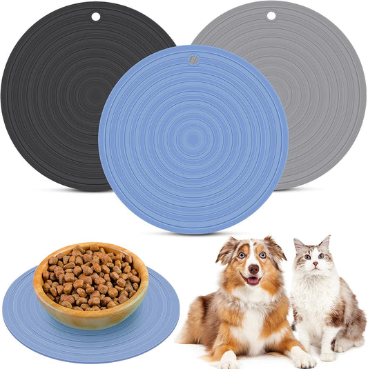 3 Pieces Silicone Pet Food Mat Feeding Mat for Dog and Cat Bowl Placemat Preventing Food and Water Overflow Suitable for Medium and Small Pet(9.5 Inch,Blue, Gray, Black)