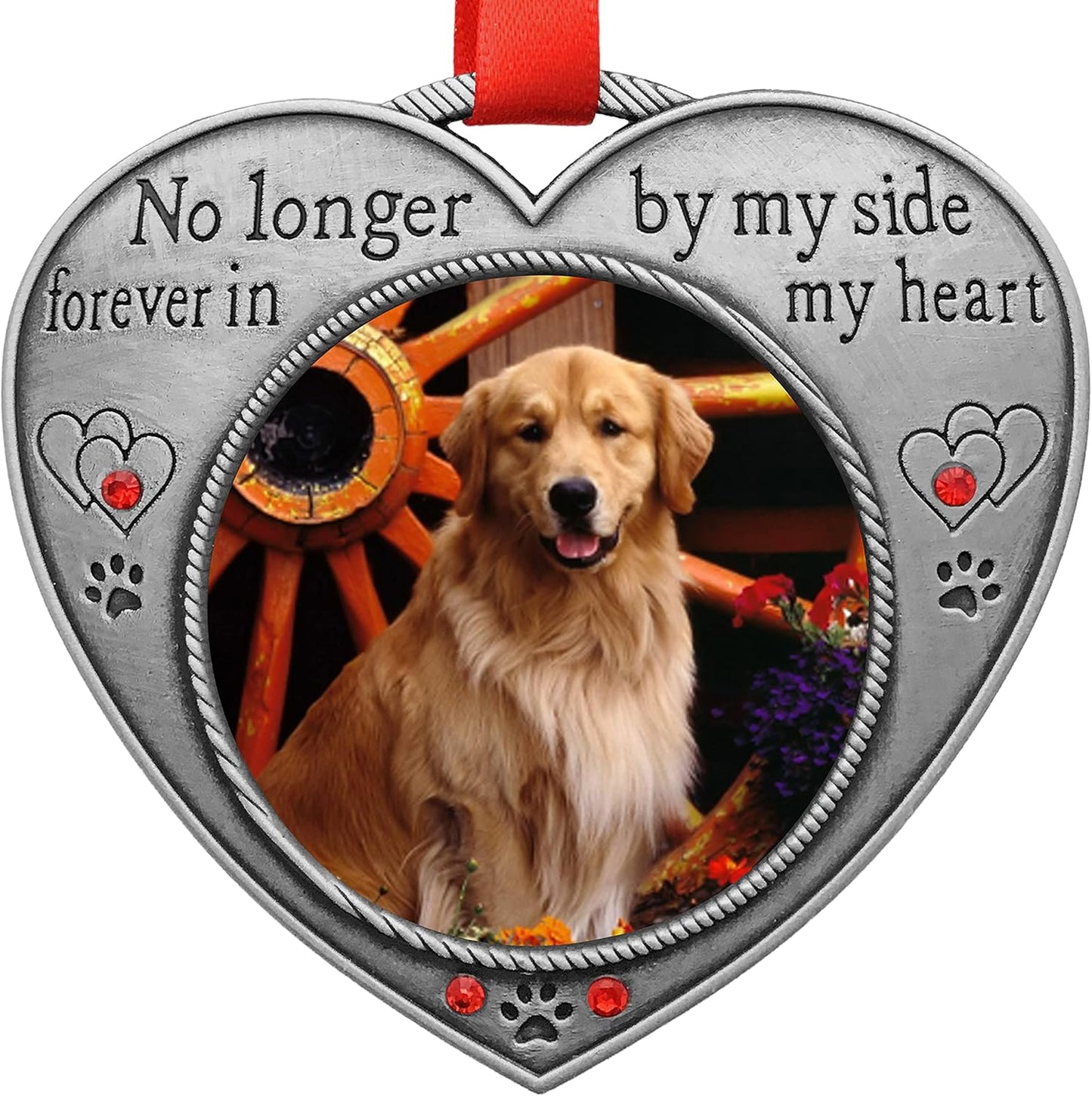 Pet Memory Heart Shaped Photo Christmas Ornament - No Longer by My Side Forever in My Heart - Engraved and Jeweled Keepsake for Pet Loss - Gift-Storage Bag Included - 3.5"