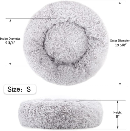 Calming Donut Dog Bed for Small to Medium Dogs & Cats - Plush Faux Fur Anti-Anxiety Pet Bed with Machine Washable Cover & Non-Slip Base