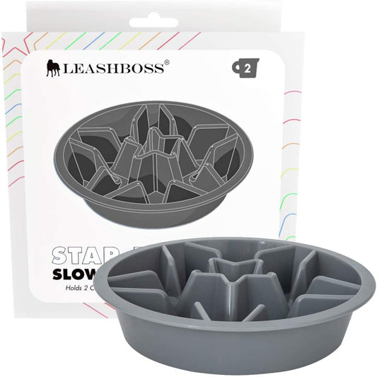 Slow Feeder Dog Bowls - Nonslip Slow Feeder Insert, Healthy Eating Dog Food Bowl, Includes Puppy Essentials Placemat & Star Mold, 2 Cup, Gray