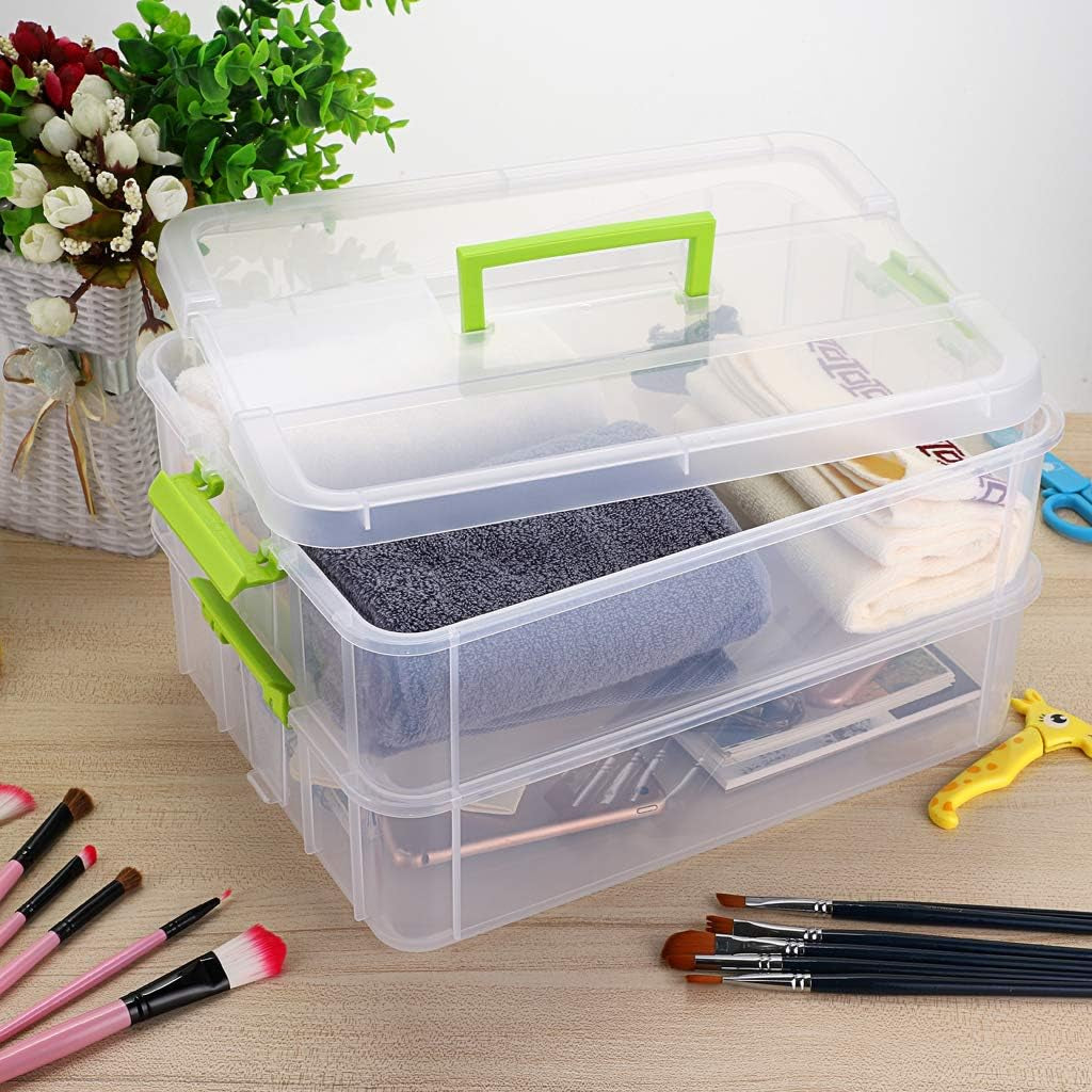2 Layer Stack & Carry Box, Plastic Multipurpose Portable Storage Container Box Handled Organizer Storage Box for Organizing Stationery, Sewing, Art Craft, Jewelry and Beauty Supplies Green