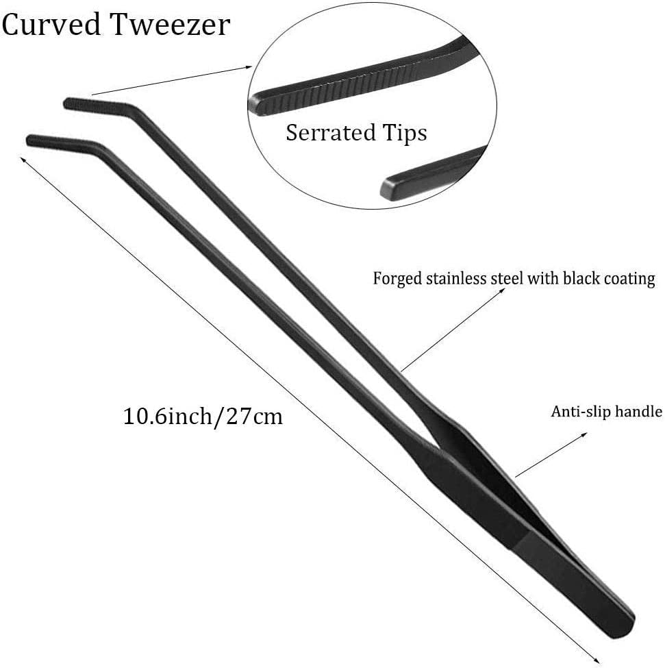 2PCS Aquarium Tweezers Stainless Steel Straight and Curved Tweezers Set Long Handle Reptile Feeding Tongs for Aquatic Plants Lizards Spider Snakes Garden Repairing - 10.6Inch, Black