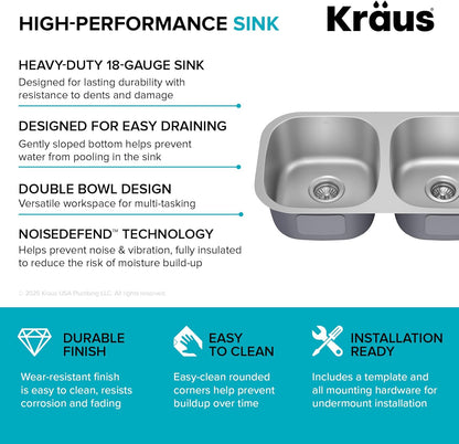 Premier 32-Inch Undermount 50/50 Double Bowl 18-Gauge Stainless Steel Kitchen Sink with Strainers (X2), KBU22