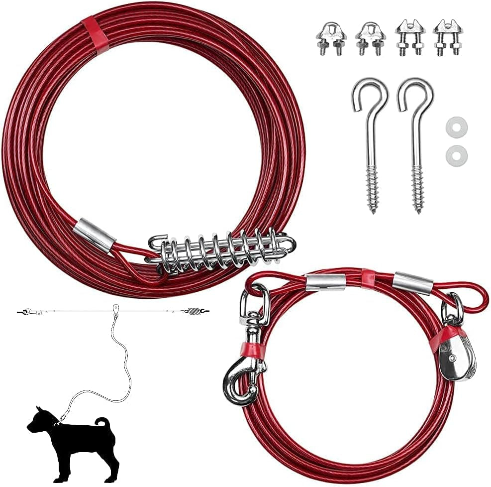 Dog Tie Out Trolley System for Yard - 60Ft Dog Run Cable with 10Ft Pulley Runner Lead - Heavy Duty Reflective Cable for Dogs up to 125 Lbs, Rust-Resistant & Tangle-Free Outdoor Runner