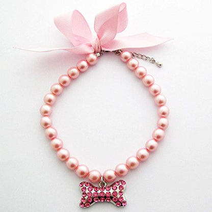 Fancy Pearls Crystal Dog Necklace Jewelry with Bling Rhinestones Big Bone Charm for Pets Cats Small Dogs Girl Teacup Chihuahua Yorkie Clothes Costume Outfits (Pink, 8 to 10-Inch)