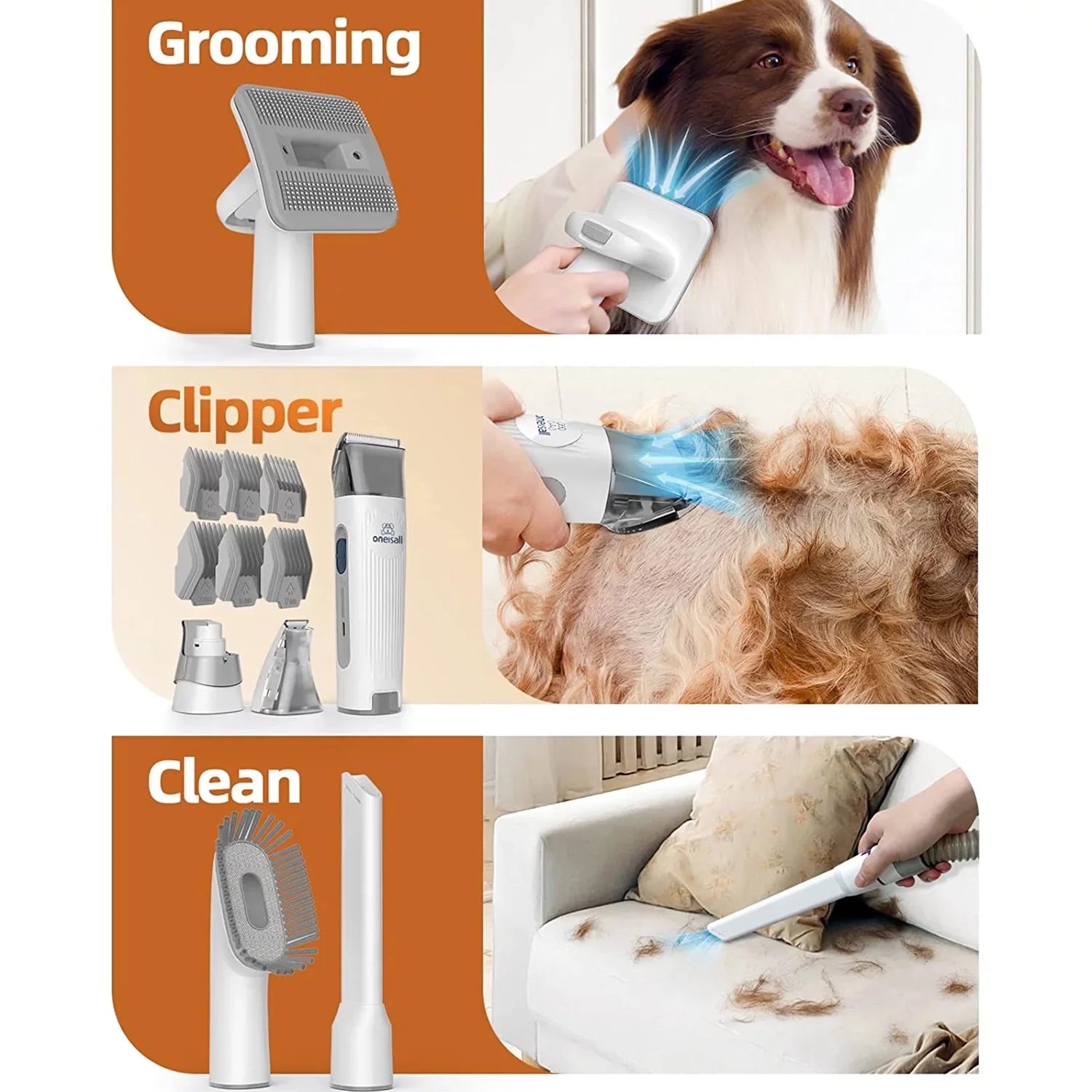 7 in 1 Dog Grooming Kit, Low Noise Pet Grooming Vacuum with 1.5 L Dust Cup, Dog Vacuum for Shedding Grooming, with 7 Professional Grooming Tools for Dogs Cats Pet Hair & Home Cleaning, Gray