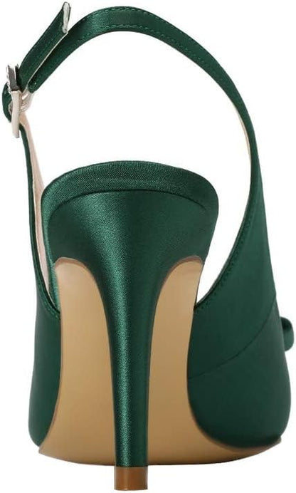 Pointy Toe Pumps Mid Heels Wedding Evening Party Prom Slingback Satin Shoes