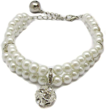 2 Row Pearls Rhinestones Pet Cat Dog Necklace Collar Jewelry with Bling Crystal Ball Charm for Pets Cats Small Dogs Female Puppy Chihuahua Yorkie Girls (White, 10 to 12-Inch)