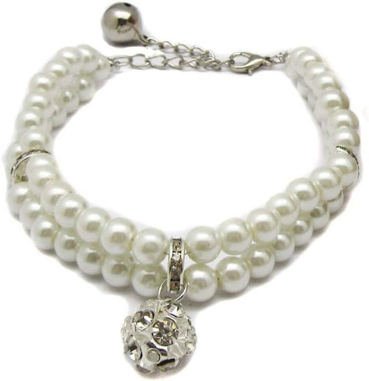 2 Row Pearls Rhinestones Pet Cat Dog Necklace Collar Jewelry with Bling Crystal Ball Charm for Pets Cats Small Dogs Female Puppy Chihuahua Yorkie Girls (White, 10 to 12-Inch)