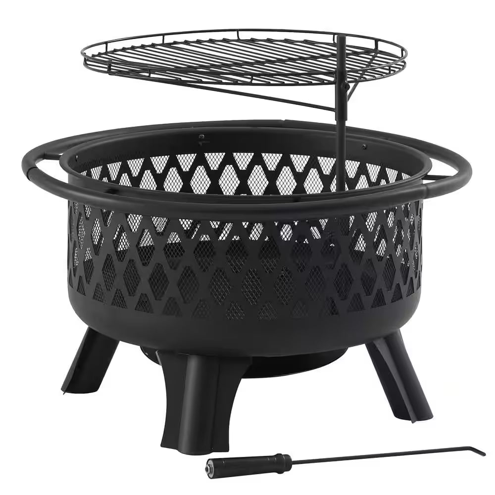 Piedmont 29.6 In. W Black Steel Wood Outdoor Fire Pit with Screen and Poker Included