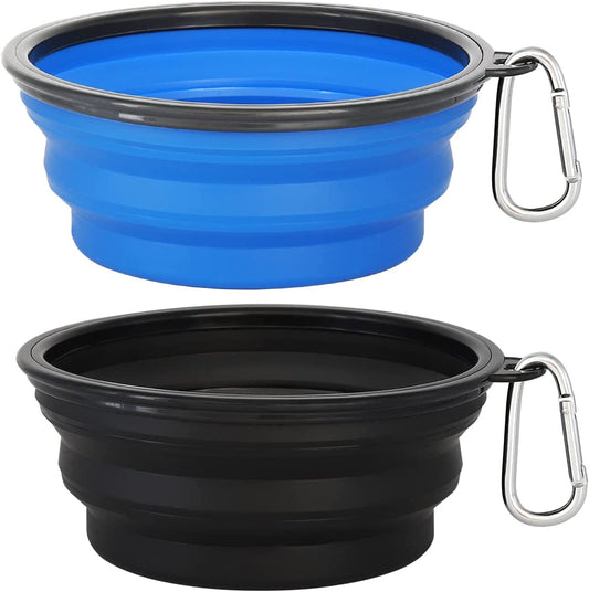 Large Collapsible Dog Bowls 2 Pack, 34Oz Foldable Dog Travel Bowl, Portable Pet Water Food Bowl with Clasp, Pet Cat Feeding Cup Dish for Traveling, Walking, Hiking (Black+Blue)