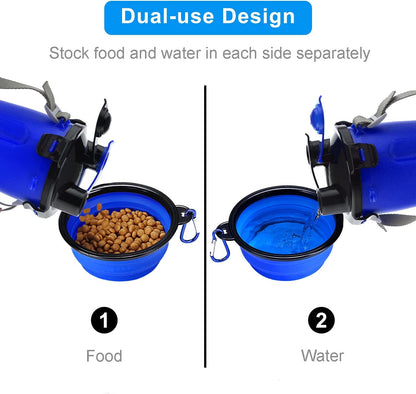 Dog Travel Water Bottle Collapsible Bowls, 2 in 1 Pet Food Container with Collapse Bowls, Outdoor Portable Water Bowls for Walking, Traveling, Camping and Hiking (Blue)