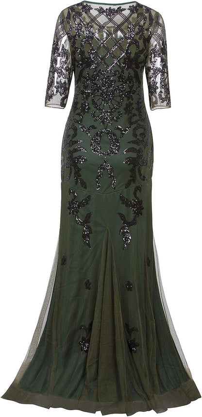 Vintage 1920S Long Wedding Prom Dresses 2/3 Sleeve Sequin Party Evening Gown
