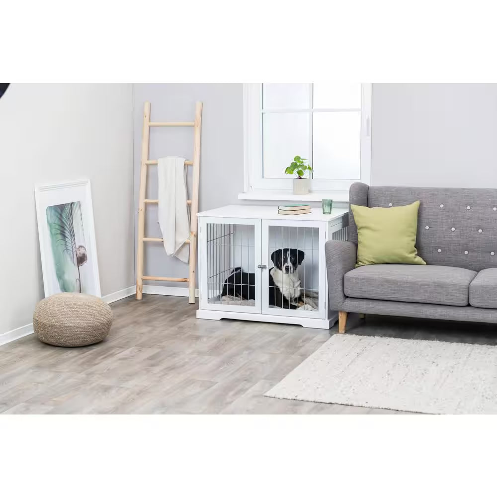Furniture Style Dog Crate, Indoor Kennel, Pet Home, End Table or Nightstand with 2-Doors, White, Large