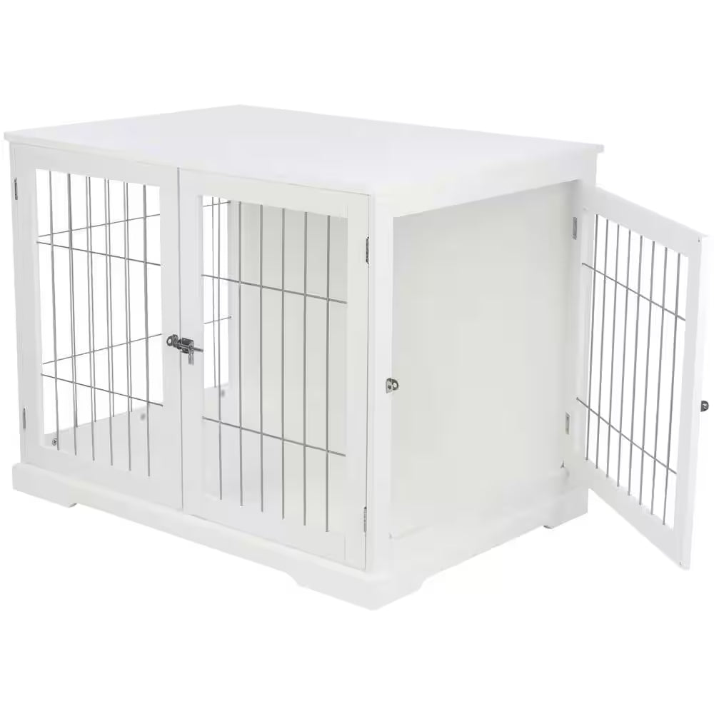 Furniture Style Dog Crate, Indoor Kennel, Pet Home, End Table or Nightstand with 2-Doors, White, Large