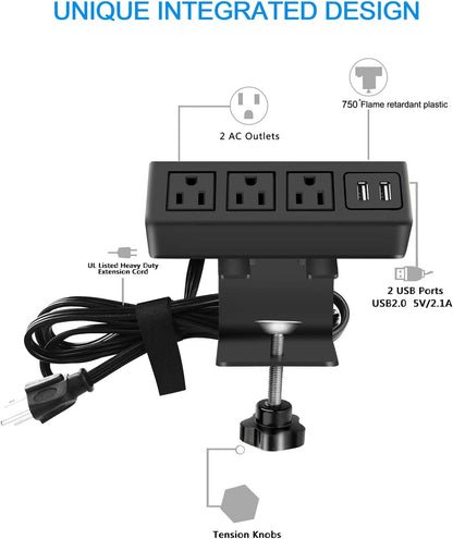3 Outlet Desk Clamp Power Strip with USB Ports, Desktop Power Strip Surge Protector 1200J. Table Mount Charging Power Station, on Edge Power Outlet 125V 12A 1500W.