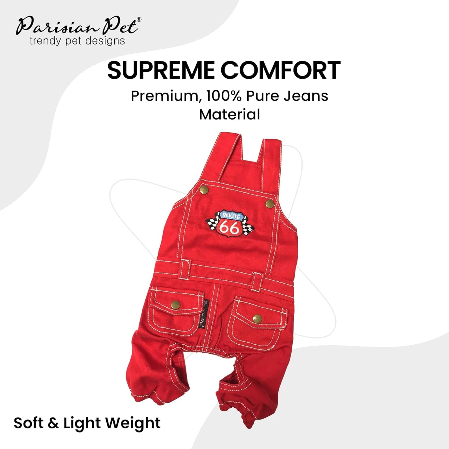 Denim Overall - Embroidered “ Route 66 “ Red Dog Jumpsuit - Breathable Dog Costume - Machine Washable Dog Outfit - Dog Overalls for Small Dogs - S