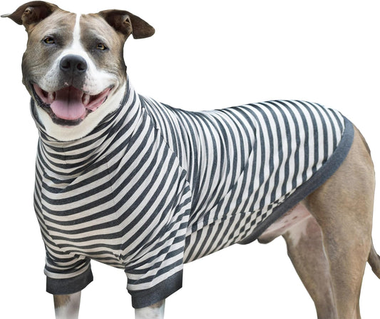Medium Dog Pullover Shirt – Striped Cotton & Spandex Dog Shirt with Full Underbelly Coverage – White & Grey Dog Shirt for Allergy & Summer Protection (Medium)