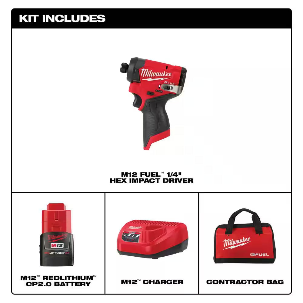 M12 FUEL 12-Volt Lithium-Ion Brushless Cordless 1/4 In. Hex Impact Driver Compact Kit W 2.0Ah Battery and Bag