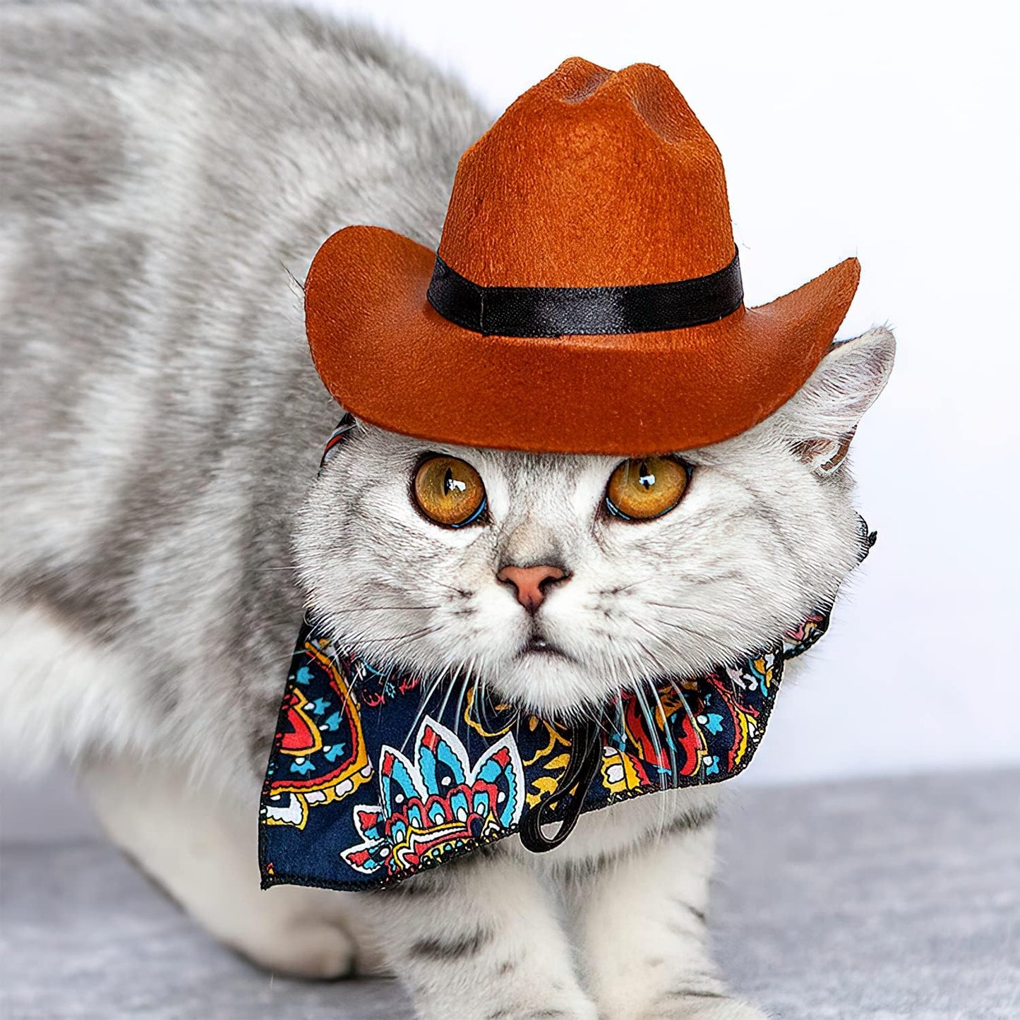 2 Pack Funny Pet Costume Accessories Set, Cat Small Dog Cowboy Hat with Adjustable Elastic Chin Strap and Bandana for Birthday Christmas Halloween Holiday Party Cosplay Daily Wearing