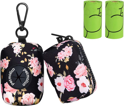 Dog Poop Bag Holder Leash Attachment, Waste Bag Dispenser Zippered Pouch, Fits Any Leash, Includes Free Roll of Bags, 2 Packs - Pink Rose