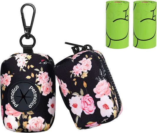 Dog Poop Bag Holder Leash Attachment, Waste Bag Dispenser Zippered Pouch, Fits Any Leash, Includes Free Roll of Bags, 2 Packs - Pink Rose