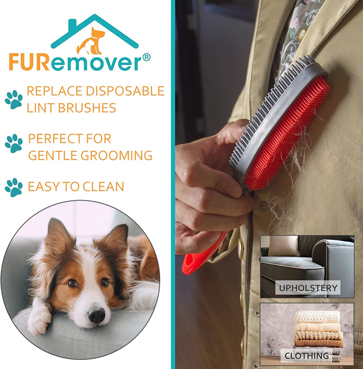 Duo Pet Hair Rubber Brush, Dual Sided to Easily Remove Fur and Lint from Clothing and Upholstery, Thick Bristles Groom Dogs and Cats, Easy to Clean, Colors May Vary
