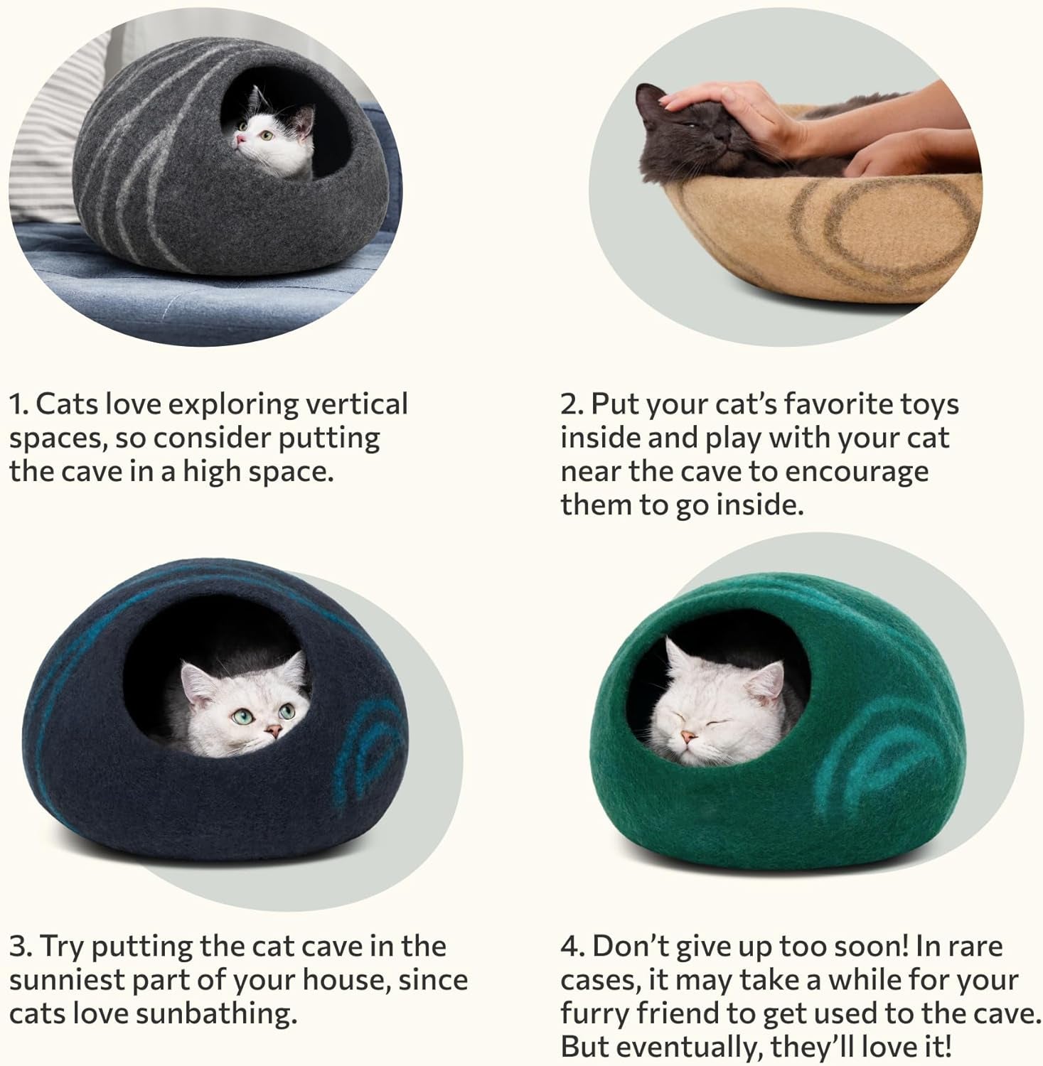 Cat Cave – Premium Felt Cat Bed for Indoor Cats, Handmade 100% Merino Wool (Light Grey, Large)