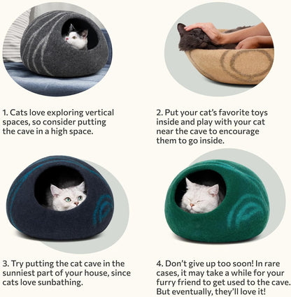 Cat Cave – Premium Felt Cat Bed for Indoor Cats, Handmade 100% Merino Wool (Light Grey, Large)