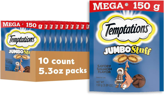 Jumbo Stuff Crunchy and Soft Cat Treats, Savory Salmon Flavor, 5.3 Oz. Pouch (Pack of 10)