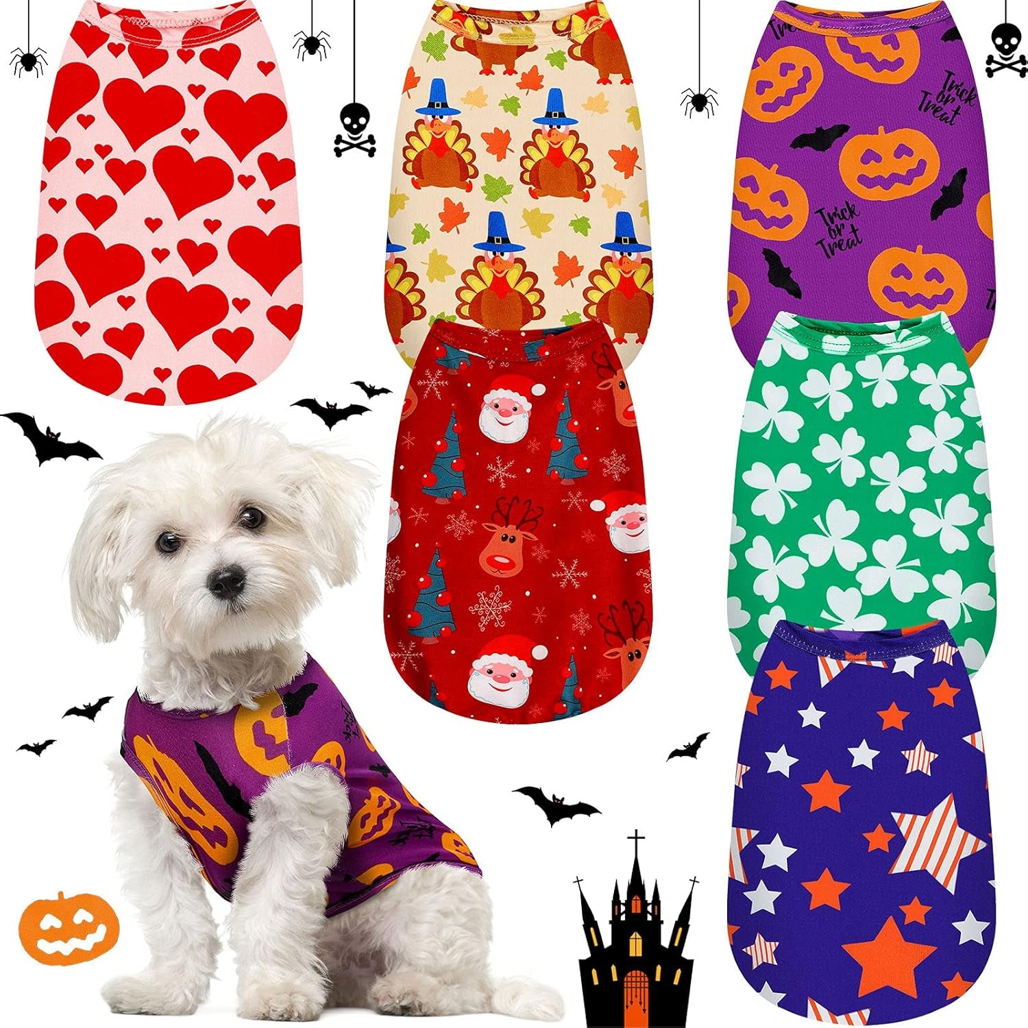 6 Pieces Holiday Dog Shirt Halloween Dog Clothes Thanksgiving Pet Clothes Seasonal Puppy Festival Vests Pet Shirts for Christmas(M (Fit 5-7Lbs))